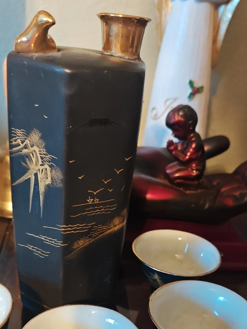 Vintage Black & Gold Asian Ceramic Sake Set - 5 Pieces